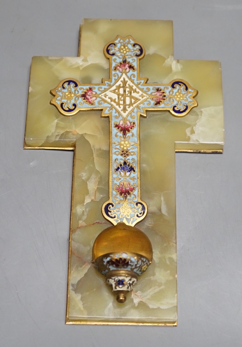 A French champleve enamel benitier (Holy water stoup) mounted on onyx, 21cm